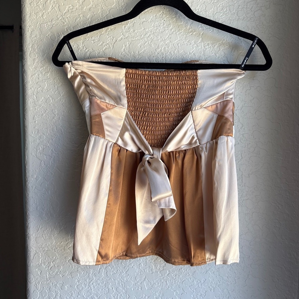 Vintage Y2K Bebe M Silk Strapless Babydoll Tube Top Colorblock Patch Smocked Tie - Picture 3 of 8